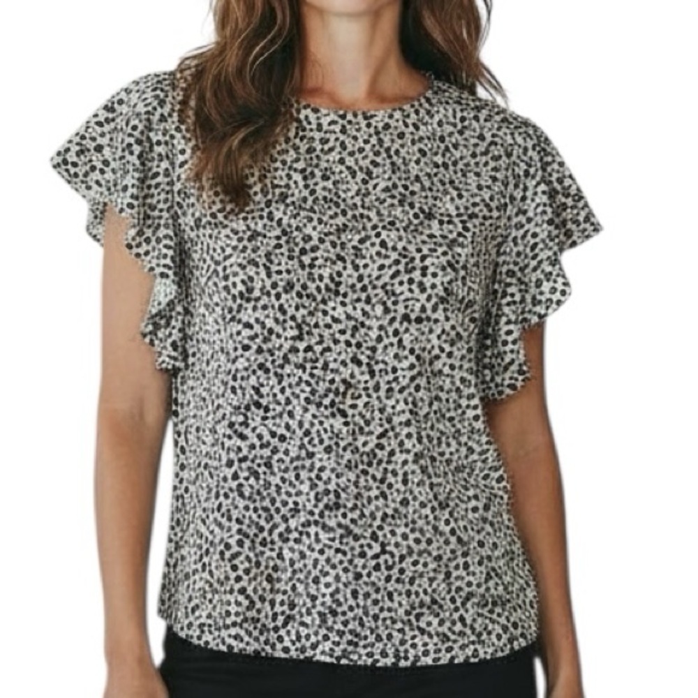 NWT ADRIANNA PAPELL Flutter Short Sleeve Keyhole Back Floral Blouse Size Large
